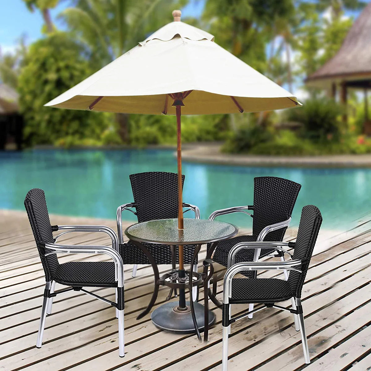 4 Piece Patio Rattan Wicker Chair, Indoor Outdoor Use Garden Lawn Backyard Stack Chair, Black