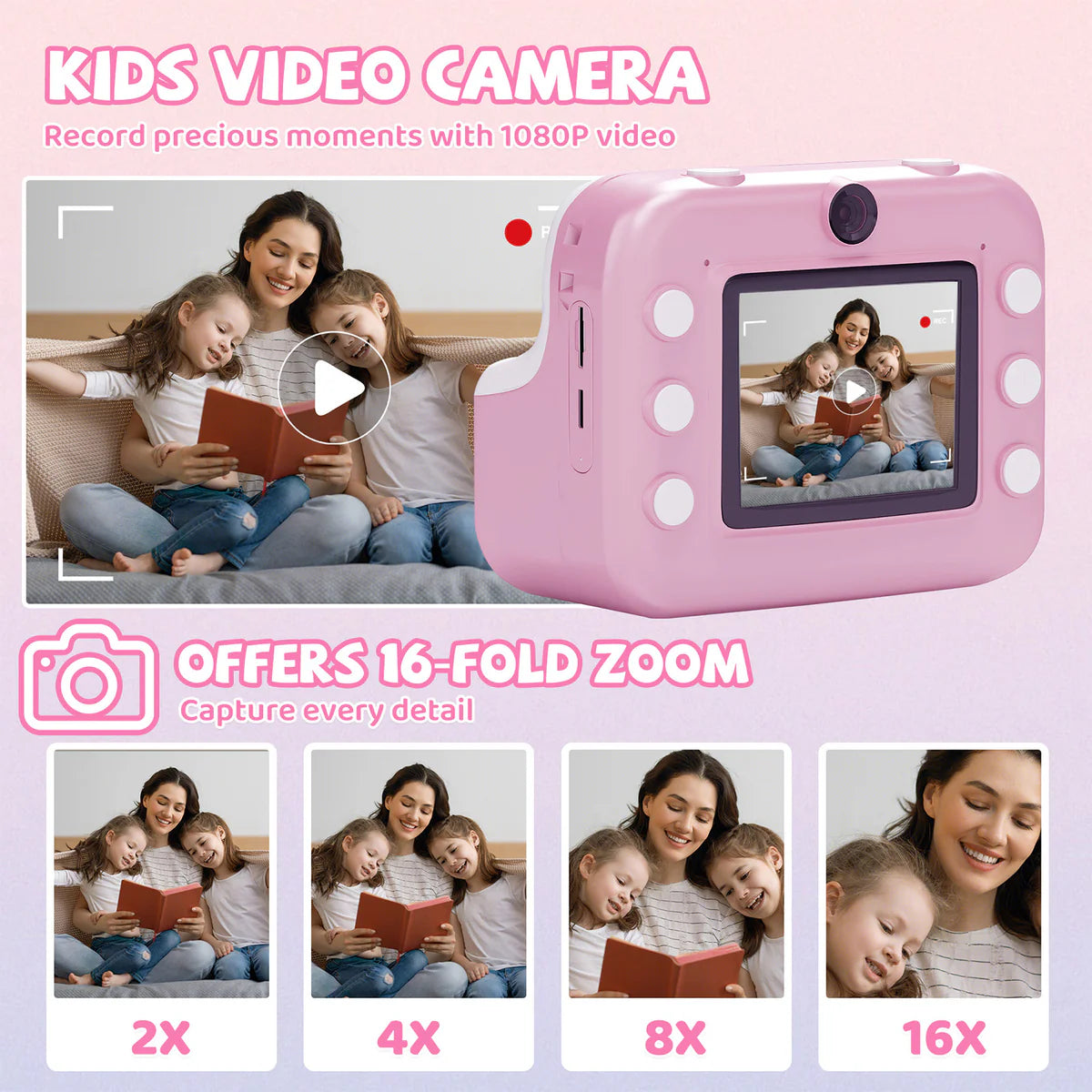 Instant Print Camera for Kids, Dual-Lens 48MP Digital Camera 2.4 Inch Screen with 3 Rolls Paper, Pink