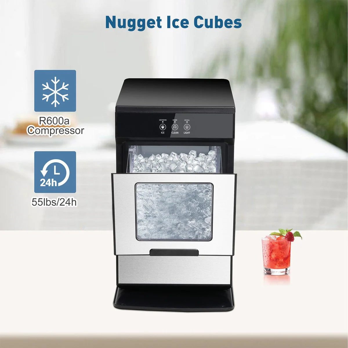 Countertop Nugget Ice Maker Machine 55lbs/24H with Self-Cleaning Function, Ice Scoop and Drip Tray