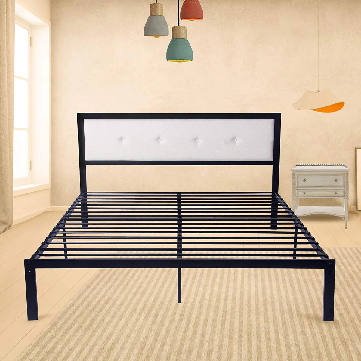 Modern Queen Size 9-Legs Stable Metal Bed Frame Full with Upholstered Headboard Mattress Base