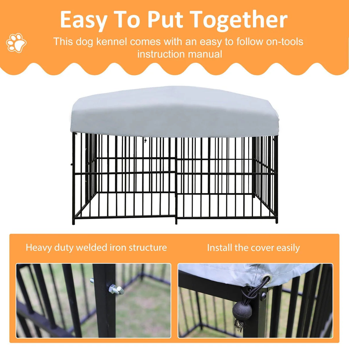 7.8'x4'x5' Outdoor Large Wrought Iron Kennel Enclosure, Heavy Duty Playpen Pet Kennel with Waterproof UV Resistant Cover and Security Lock, Black