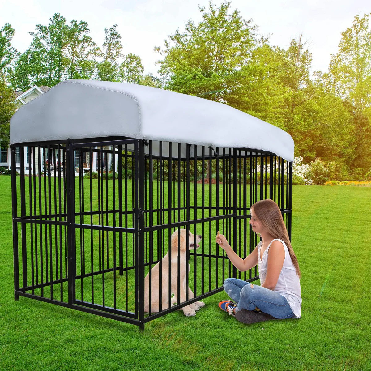 7.8'x4'x5' Outdoor Large Wrought Iron Kennel Enclosure, Heavy Duty Playpen Pet Kennel with Waterproof UV Resistant Cover and Security Lock, Black