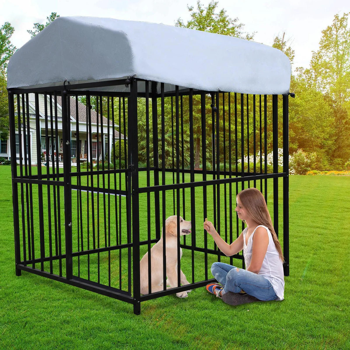 4.9'x4.9'x5.9' Outdoor Medium Wrought Iron Kennel Enclosure, Playpen Pet Kennel with Waterproof UV Resistant Cover and Security Lock, Black