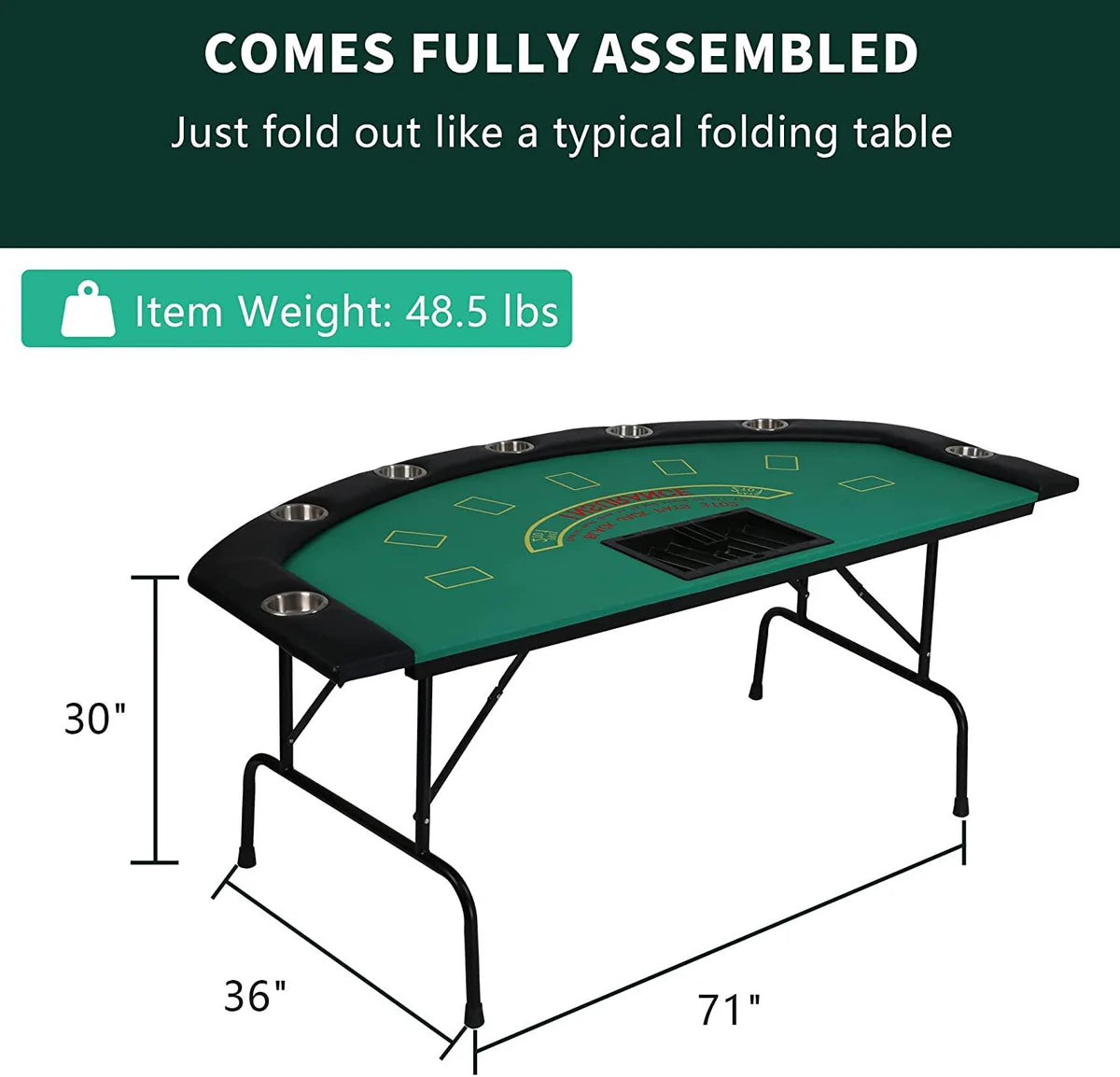 7 Player Blackjack Table with Folding Legs 71" Casino Game Table Removable Metal Cup Holder Green Felt