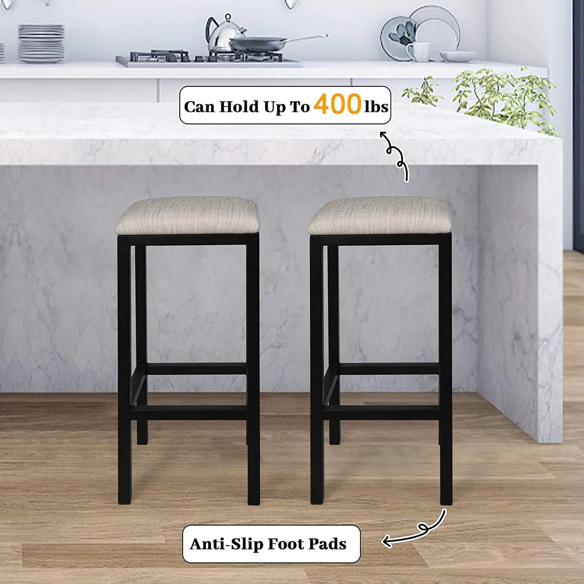 Set of 2 Bar stools Counter Height Bar Stools with Footrest Modern Bar Chair Metal Bar Stool PU Leather Black Barstool