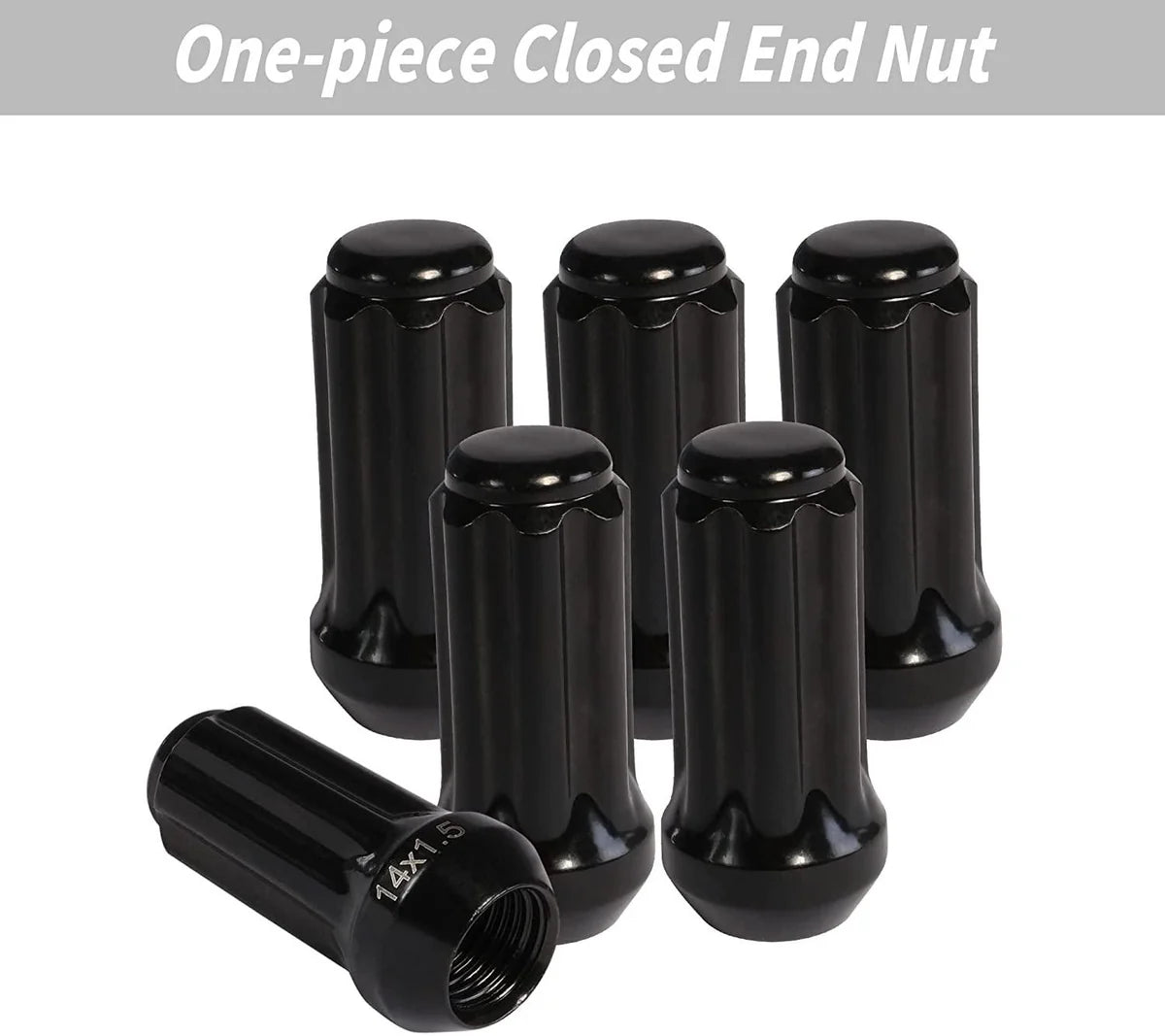 32 Black M14 x 1.5 Lug Nuts with 1 Socket Key, 2" Long/7 Spline with Cone Seat, Fits 8 Lug Aftermarket Wheels