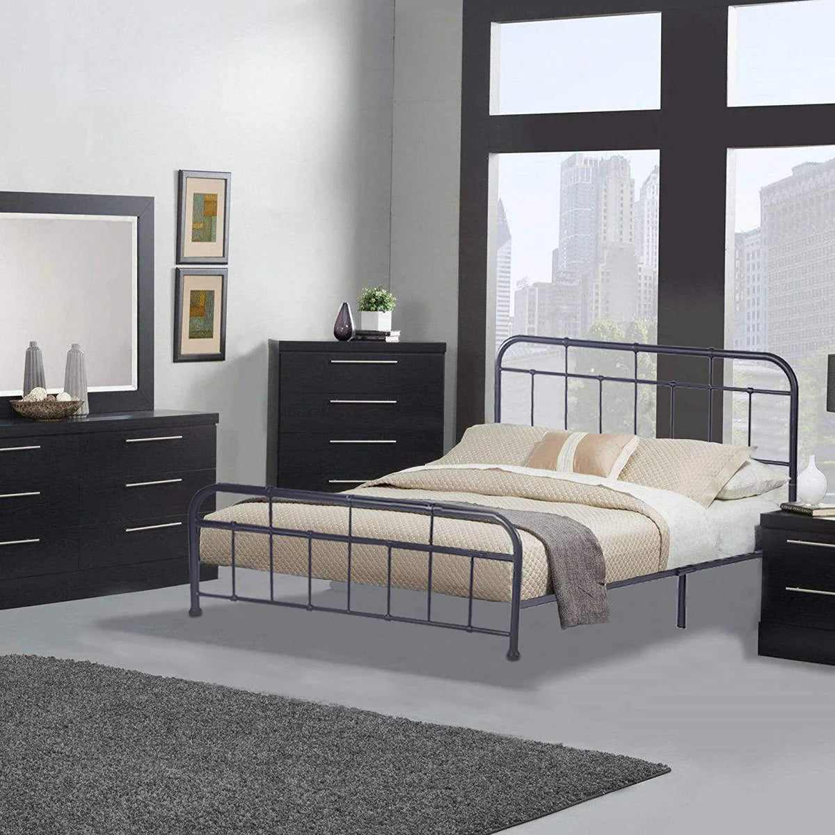 60" Queen Size Contemporary 9-Legs Stable Metal Bed Frame, Black Look