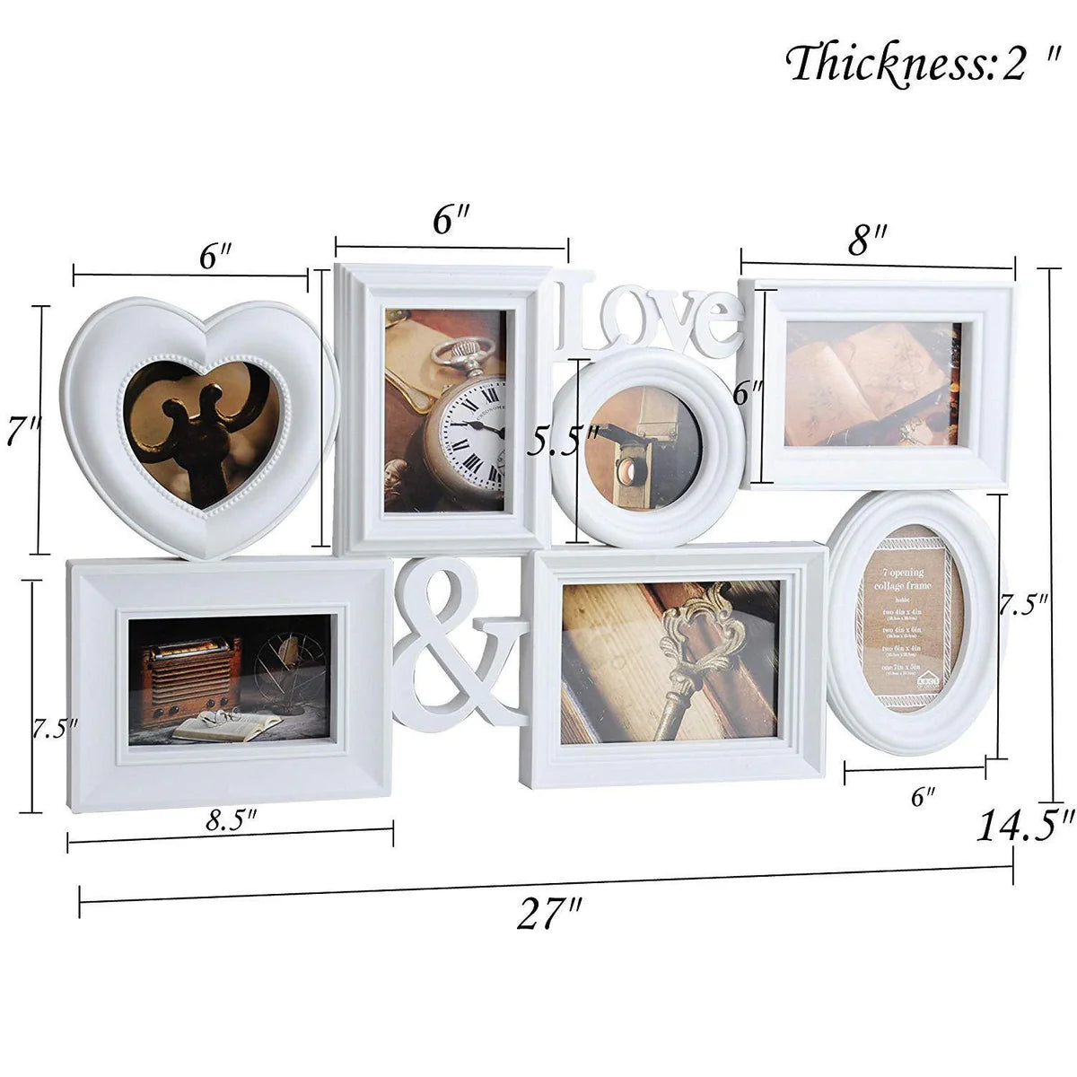 Collage Pictures Frames 7 Openings White Photo Holder with Glass Front for Family, 27 X 14.5