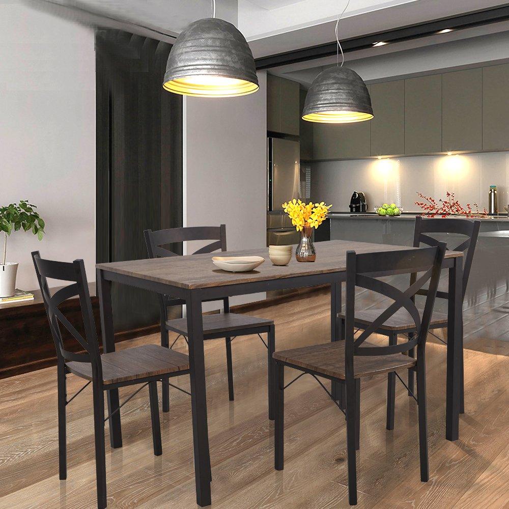 5 PC Wood Dining Set Table And Chairs 4 With Metal Legs, Home Kitchen Breakfast Furniture