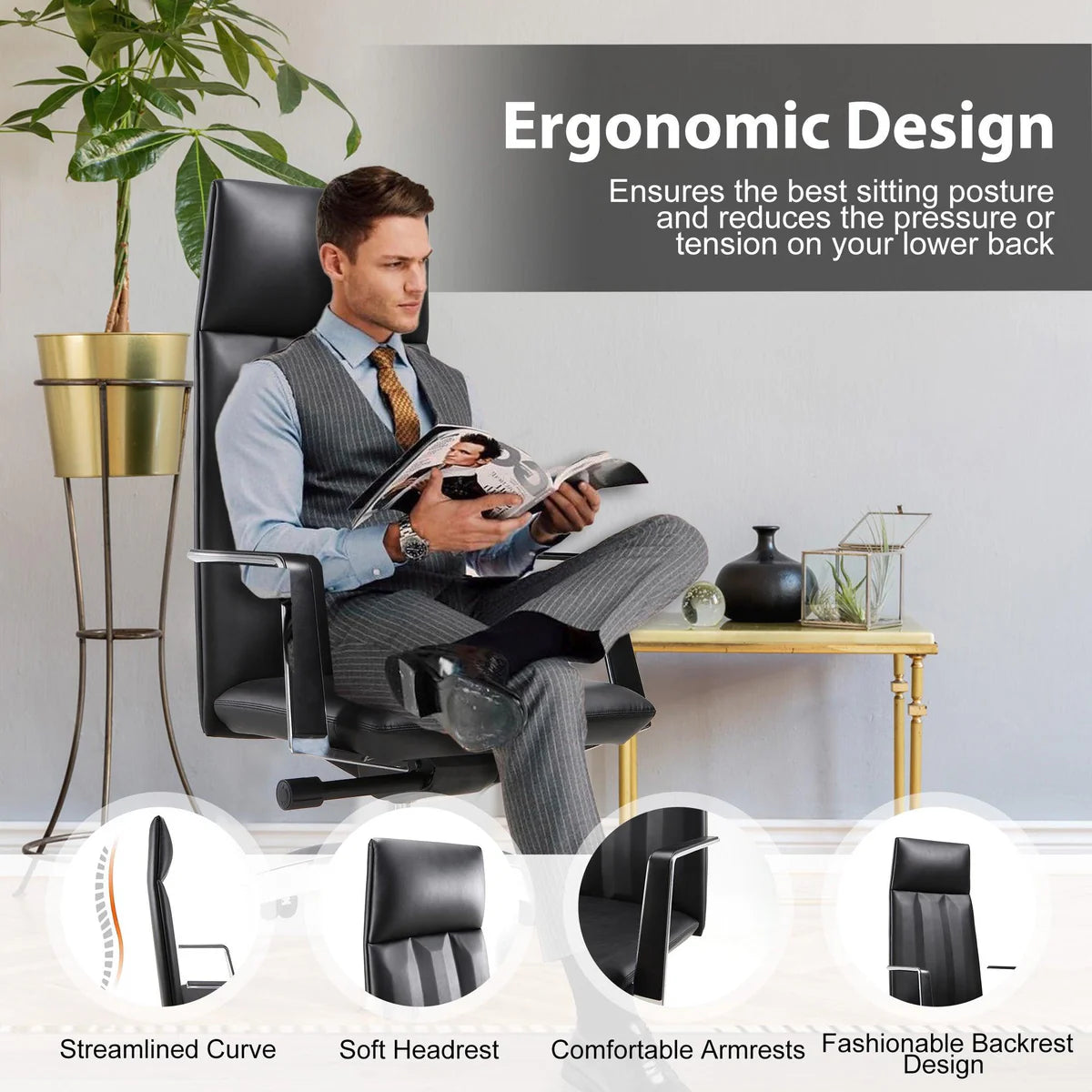 High Back Chair, Ergonomic Leather Office Chair, Office Chair with Adjustable Height and Tilt Function, 360° Swivel, Large Tall Computer Chair, Black