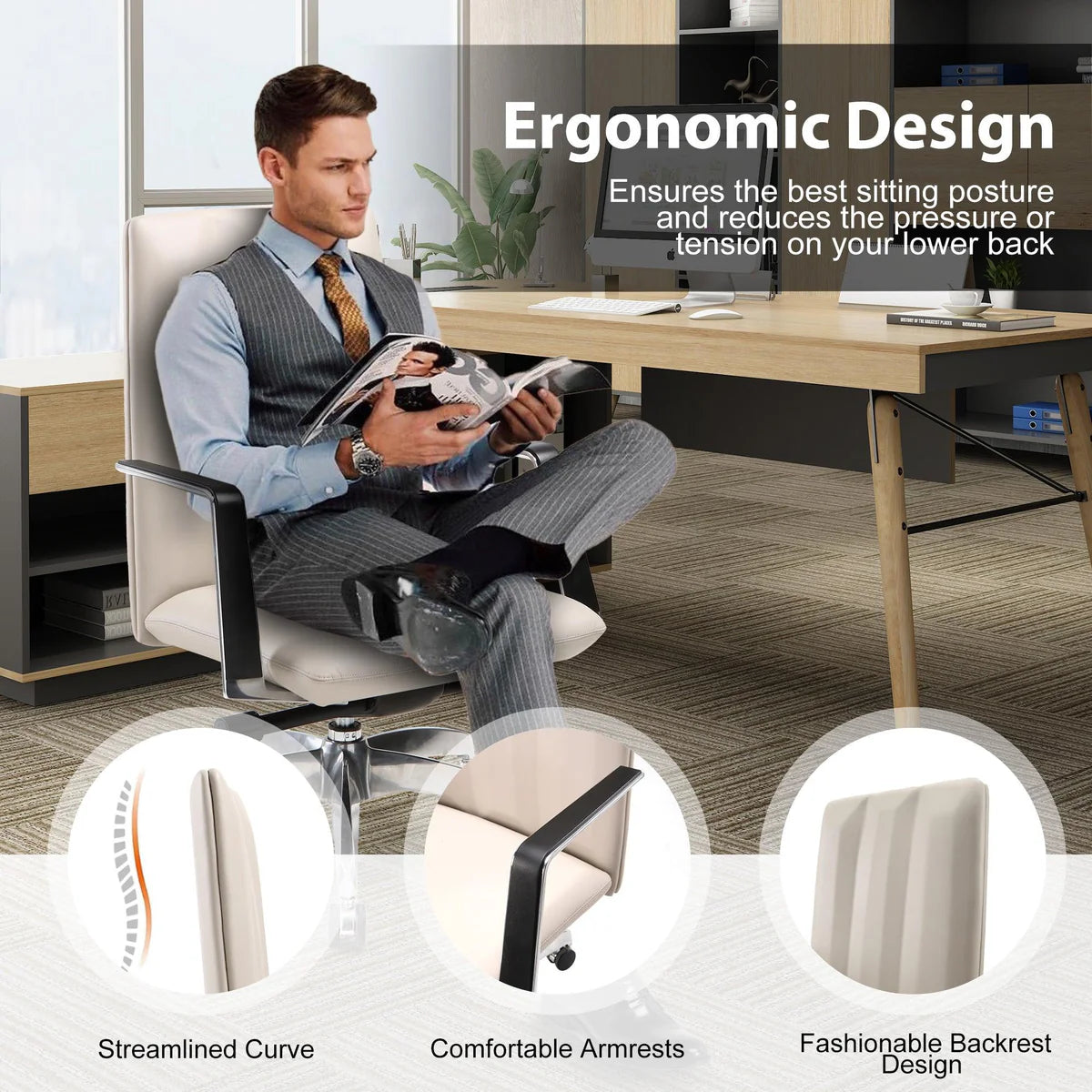 Low Back Chair, Ergonomic Leather Office Chair, Office Chair with Adjustable Height and Tilt Function, 360° Swivel, Large Tall Computer Chair, White