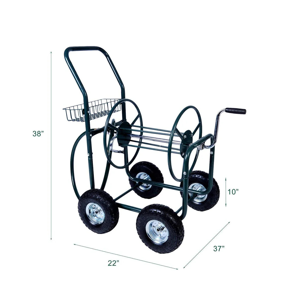 4 Wheels Heavy Duty Garden Metal Hose Reel Cart Gardening Water Planting with Storage Basket