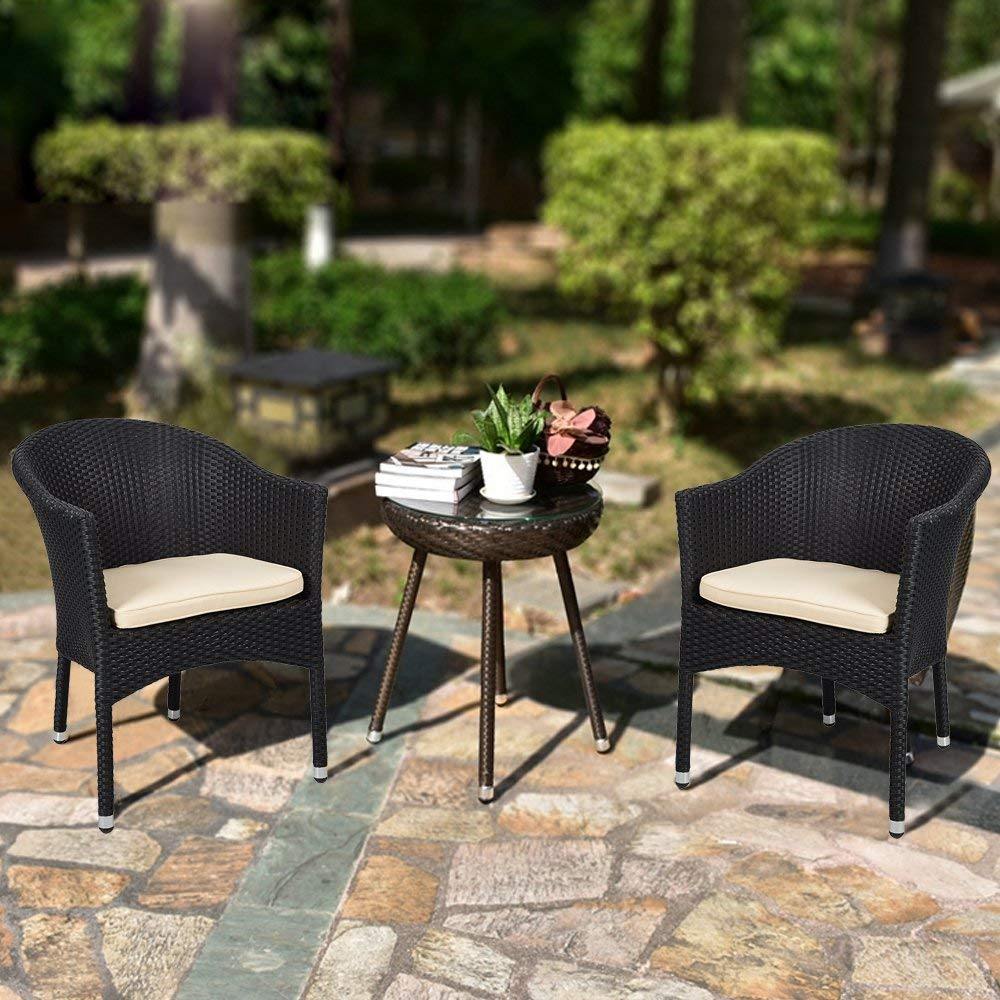 Patio Rattan Chair Set of 2 Stackable Coffee Dining Wicker Chair with Cushions & Arm, Black