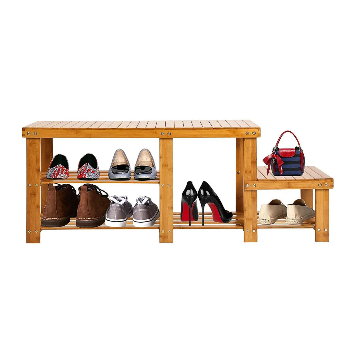 2-Tier Natural Bamboo Shoe Bench for Entryway and Hallway Boot Storage