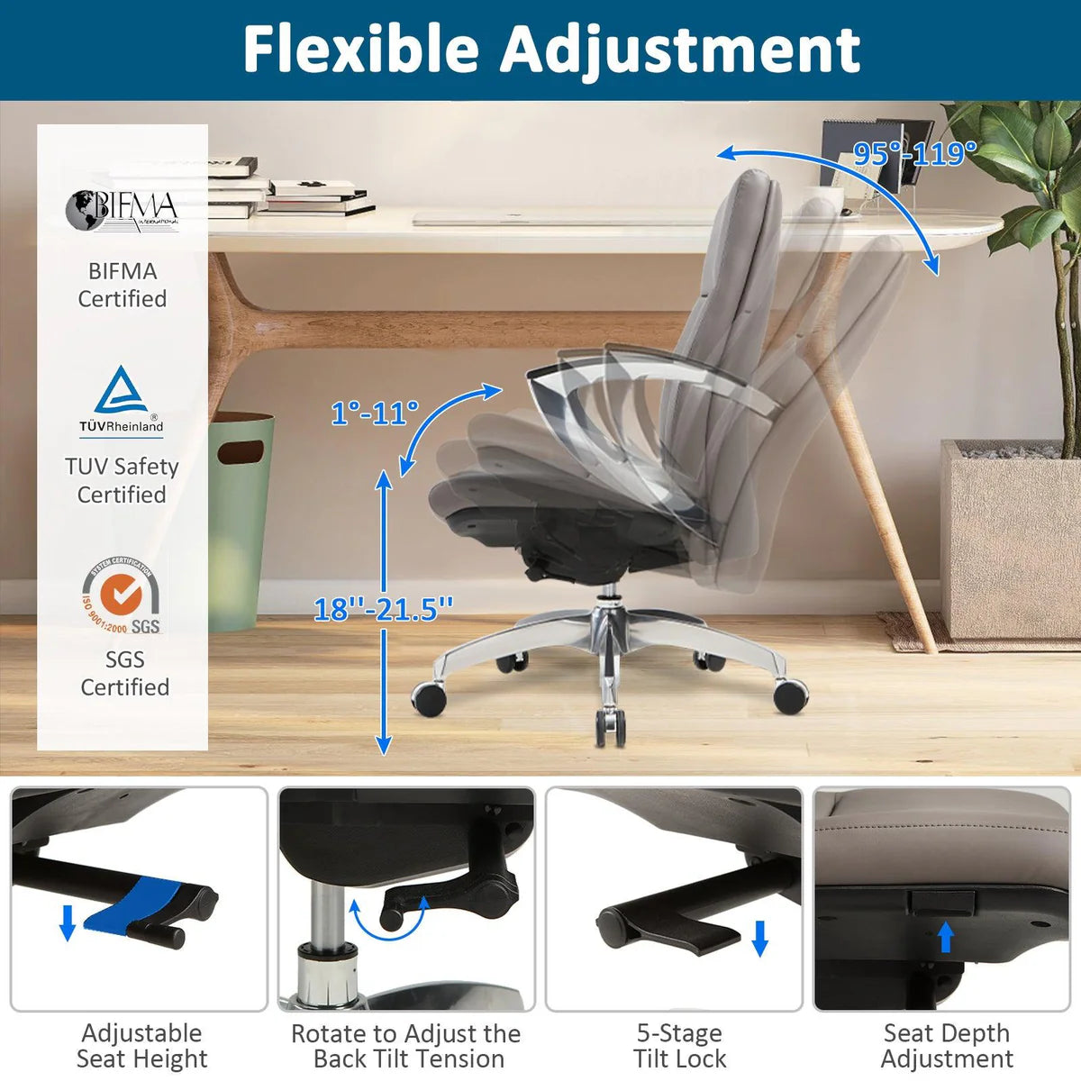 Executive Office Chair, Ergonomic Leather Office Chair Gray Office Chair with Adjustable Height and Tilt Function, 360° Swivel, Computer Office Chair