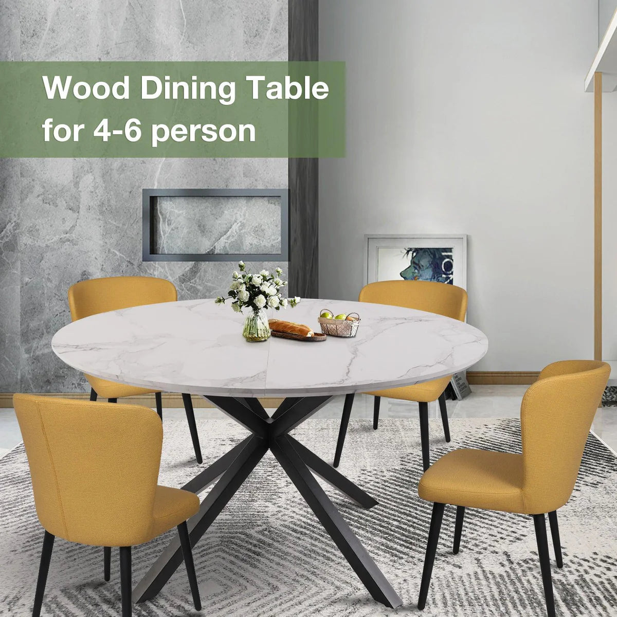 53" Mid-Century Modern Round Dining Table for 4-6 Person W/Solid Metal Legs, Marble Texture