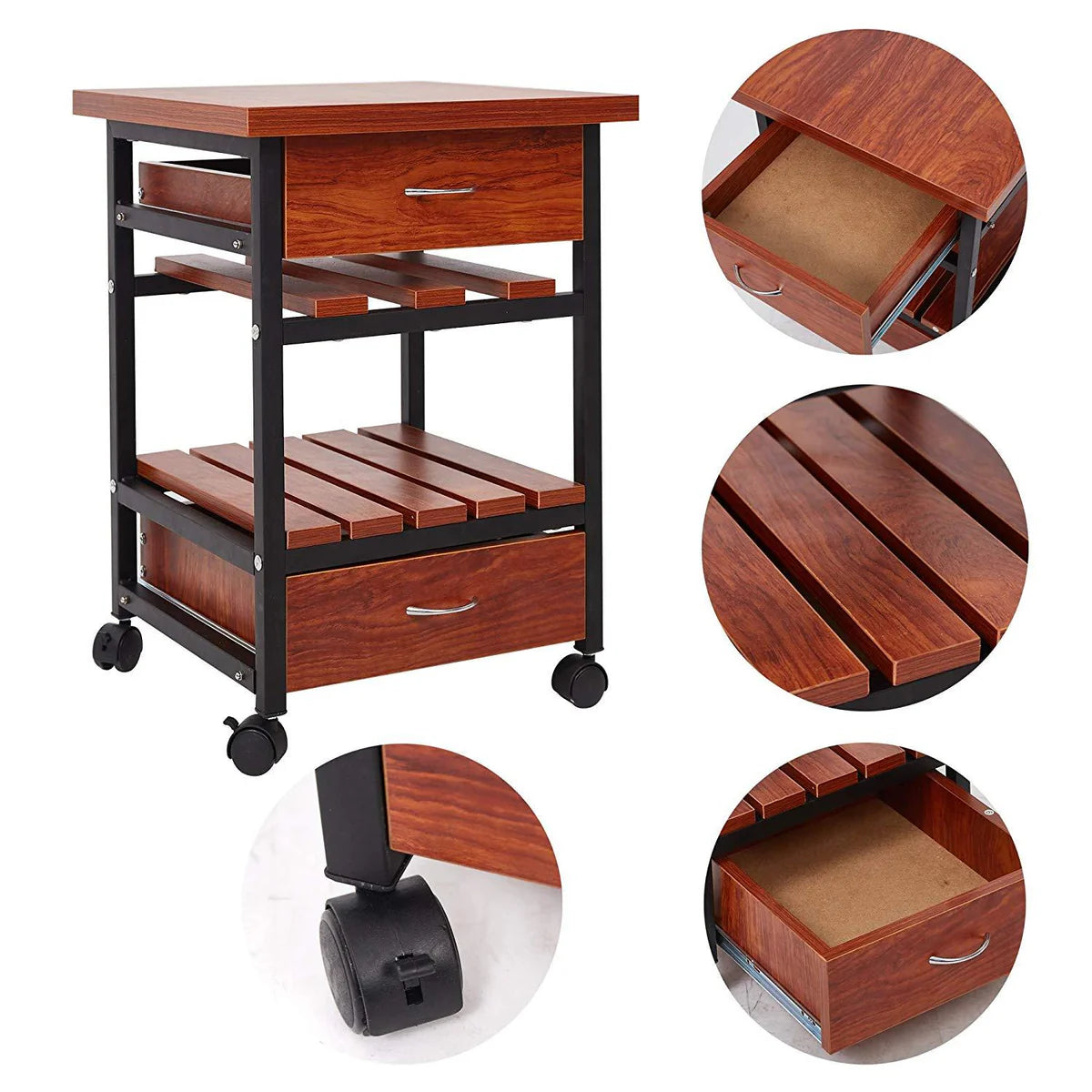 Rolling Wooden End Table Beside Cabinet, Nightstand Dresser Storage Organizer Unit with 2 Drawers for Bedroom Living Room