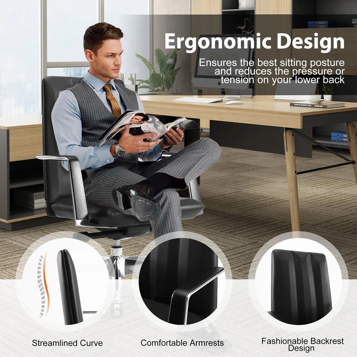 Low Back Chair, Ergonomic Leather Office Chair, Office Chair with Adjustable Height and Tilt Function, 360° Swivel, Large Tall Computer Chair, Black