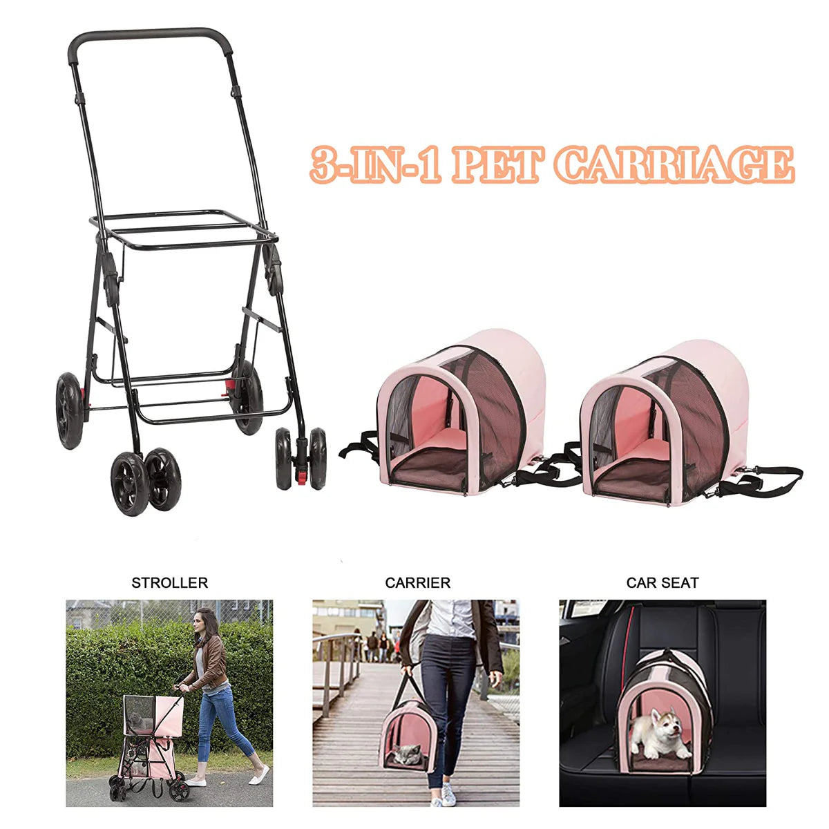 Detachable 3-in-1 Double Pet Stroller with 2 Travel Carriage Bags, Pink