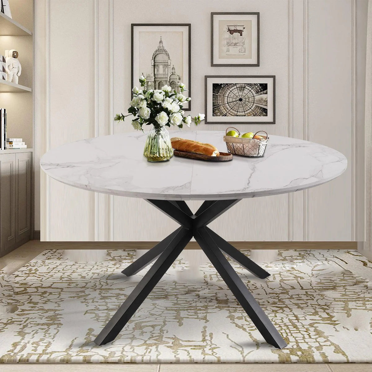 53" Mid-Century Modern Round Dining Table for 4-6 Person W/Solid Metal Legs, Marble Texture