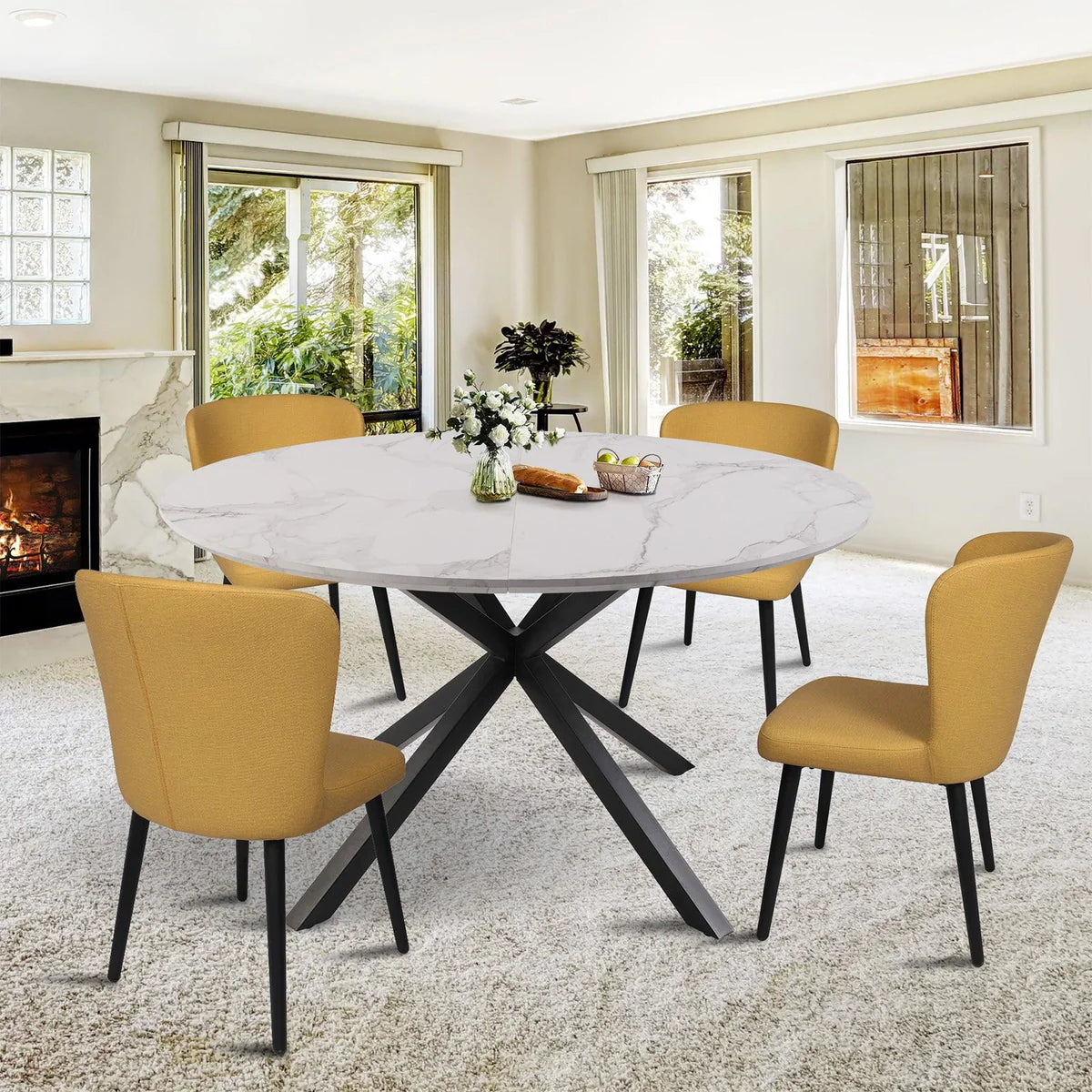 53" Mid-Century Modern Round Dining Table for 4-6 Person W/Solid Metal Legs, Marble Texture