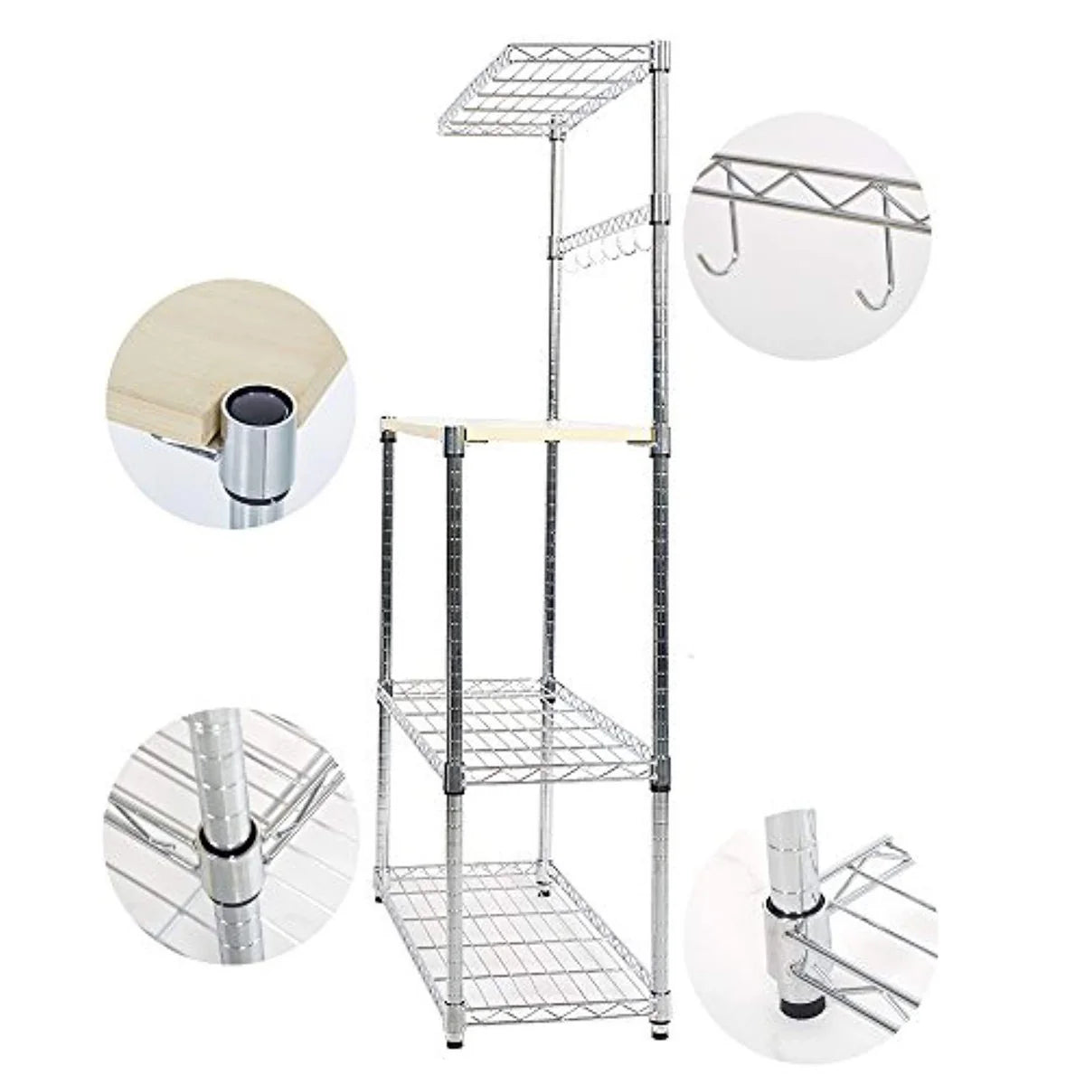 4 Tier Baker's Rack Microwave Shelf, Kitchen Storage Free Standing Workstation with 6 hooks