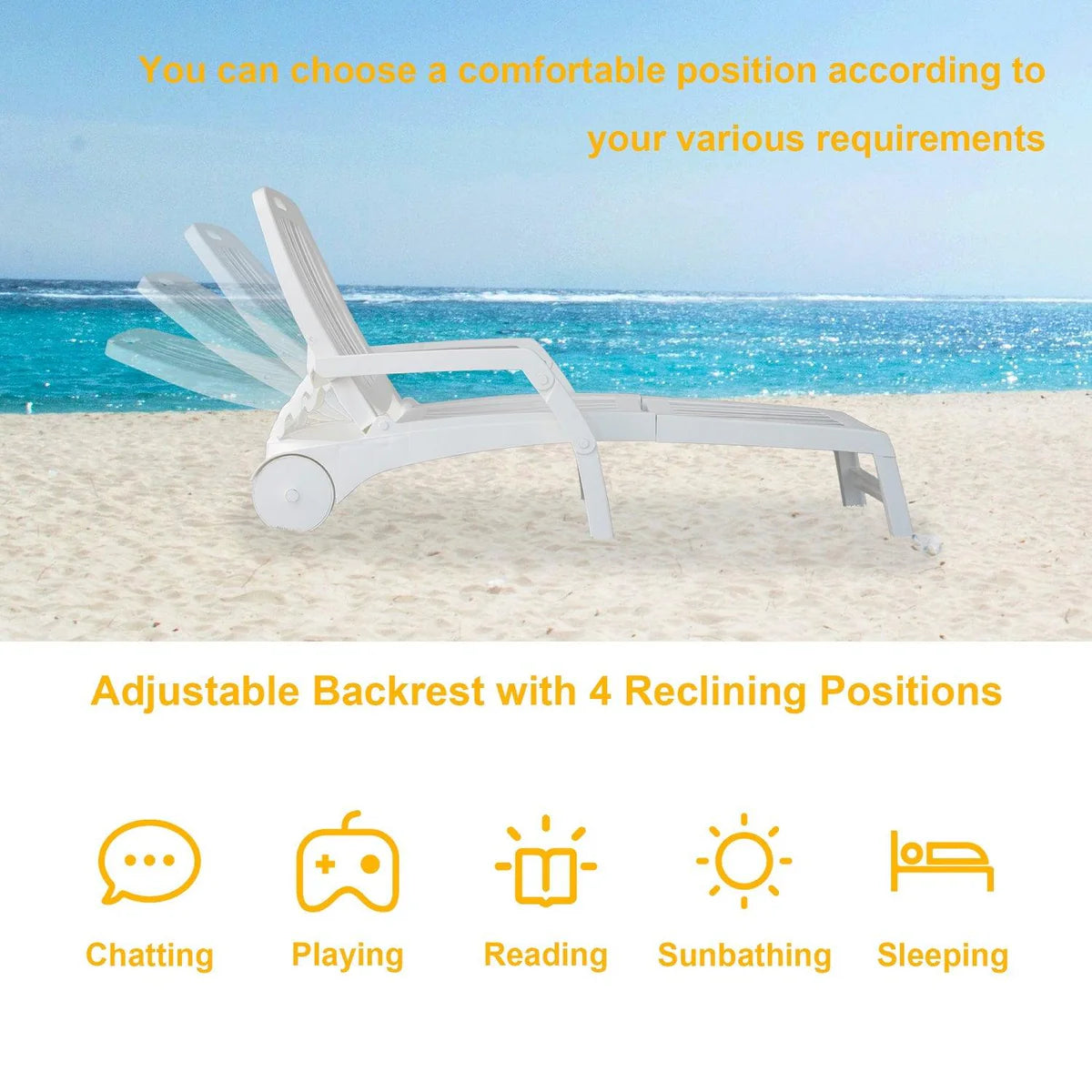 Folding Beach Lounger with Storage Space, Plastic Lounger Backrest with Four Special Adjustable Angle, with Wheels