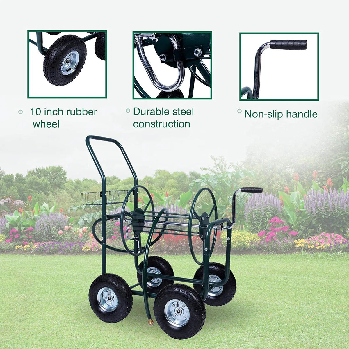 4 Wheels Heavy Duty Garden Metal Hose Reel Cart Gardening Water Planting with Storage Basket