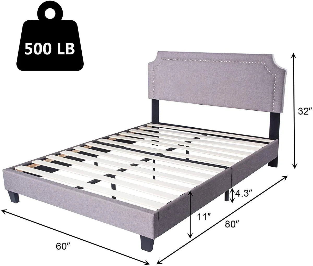 60" Platform Bed Frame Queen Upholstered Headboard Wood Slat Support Metal Frame Heavy Duty Bed Frame for Bedroom