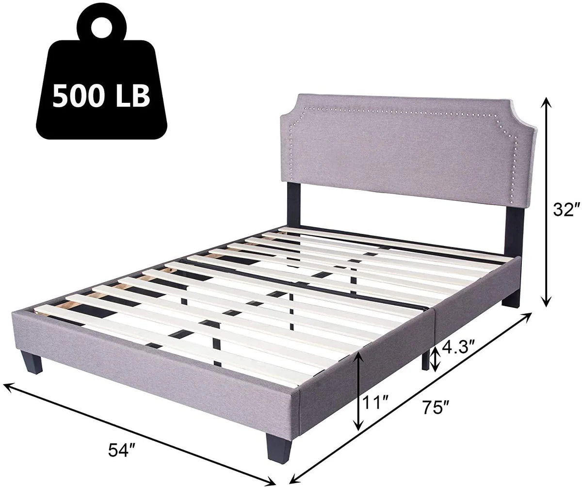 54" Upholstered Full Size Bed Frame with Headboard Wood Slat Support Metal Frame Heavy Duty Platform Bed Frame for Bedroom