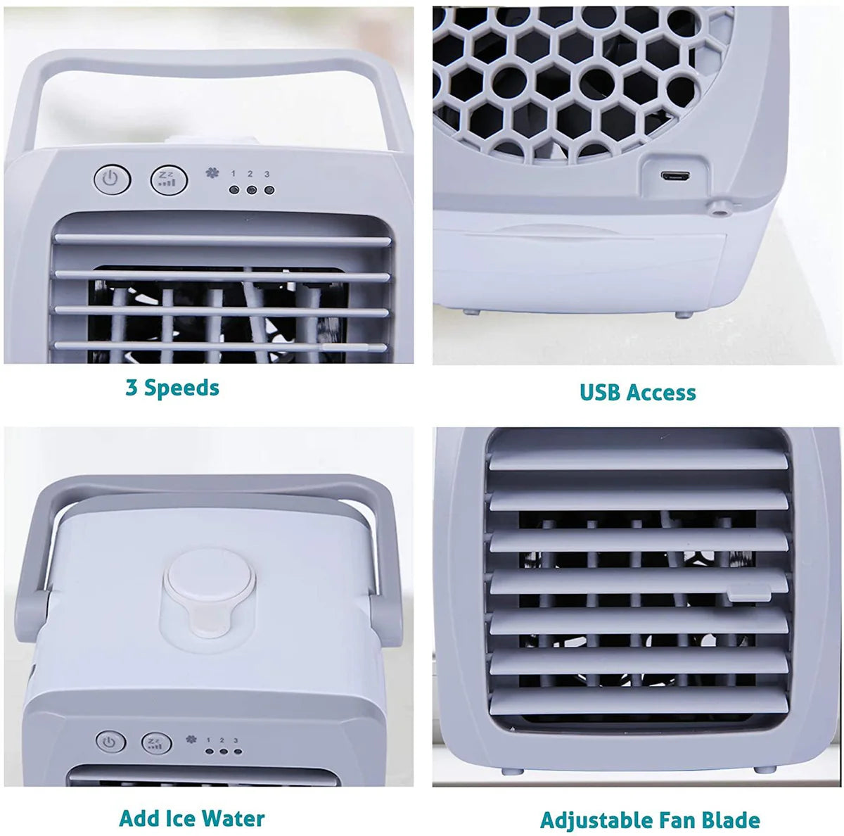 Portable USB Personal Mini Air Conditioner Fan, 3 Speeds, Quiet, Adjustable Vane, Ice Water Tank