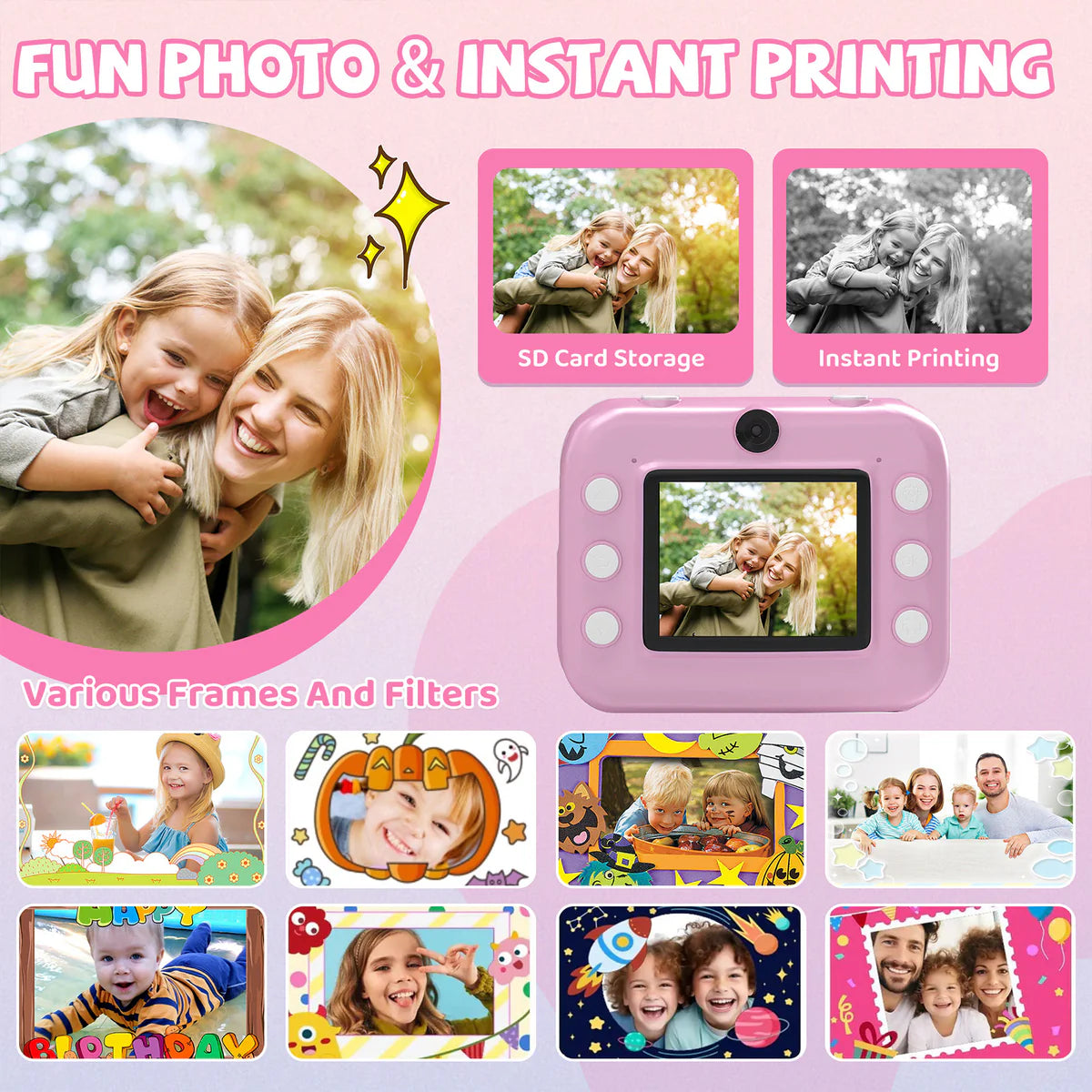 Instant Print Camera for Kids, Dual-Lens 48MP Digital Camera 2.4 Inch Screen with 3 Rolls Paper, Pink