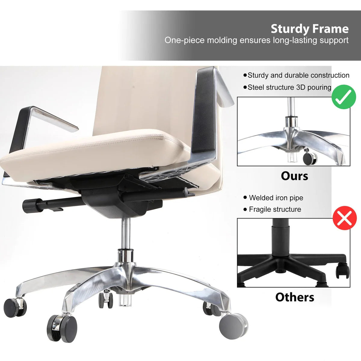 Low Back Chair, Ergonomic Leather Office Chair, Office Chair with Adjustable Height and Tilt Function, 360° Swivel, Large Tall Computer Chair, White