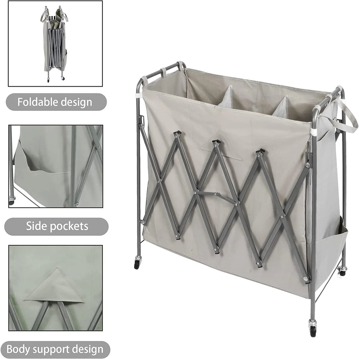 Folding 3 Sections Rolling Laundry Basket Laundry Cart Sorter Hamper w/ Lockable Wheels & Removable Bags, Grey