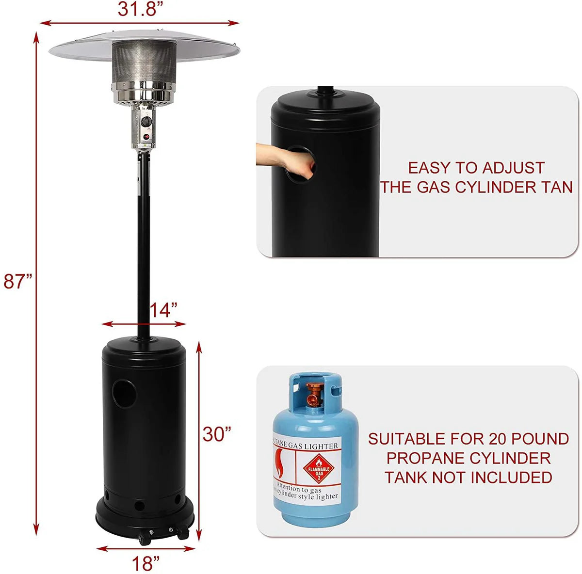 Outdoor Propane Heater Portable Patio Heater With Wheels 87 Inches Tall 36000 BTU for Commercial Courtyard (Black)