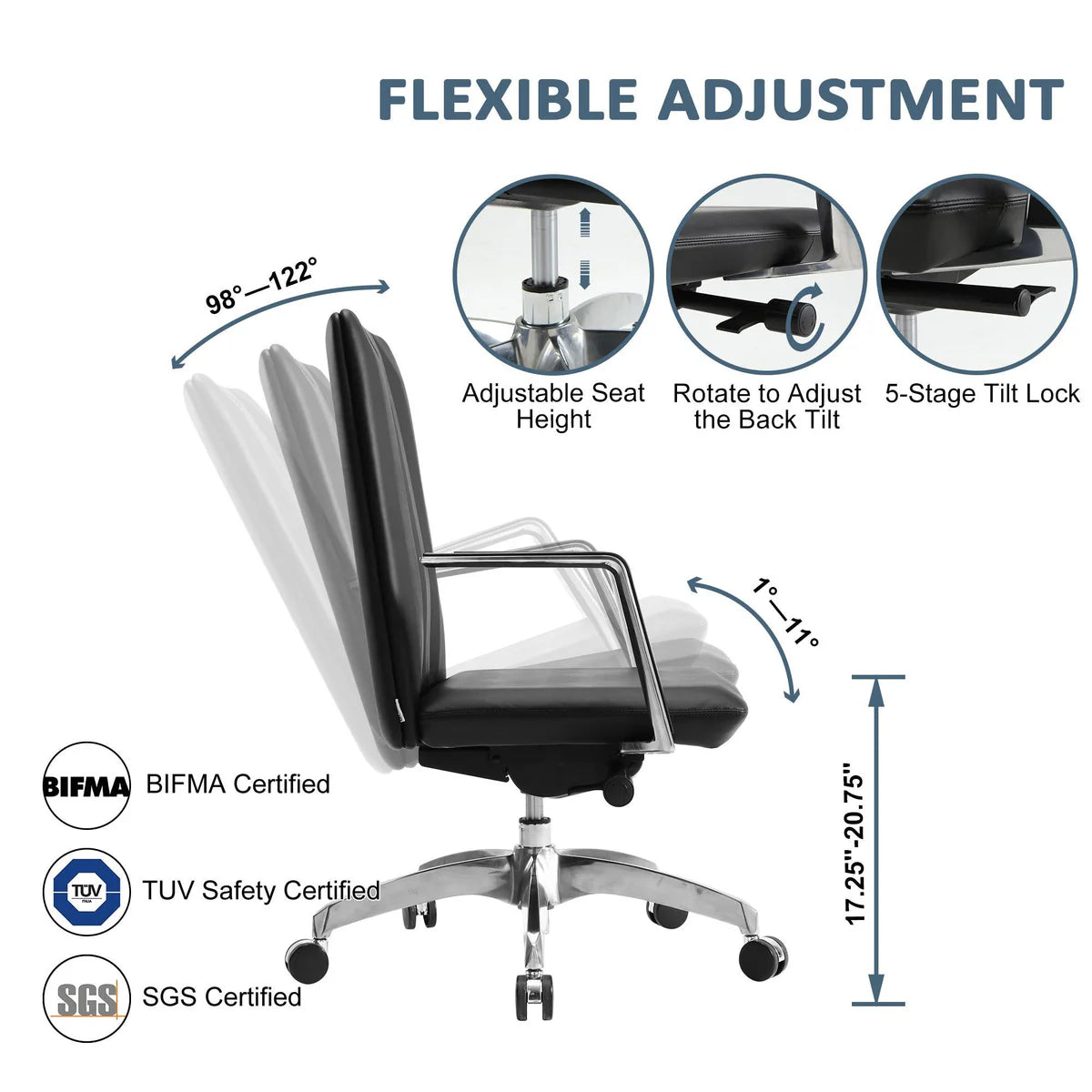 Low Back Chair, Ergonomic Leather Office Chair, Office Chair with Adjustable Height and Tilt Function, 360° Swivel, Large Tall Computer Chair, Black