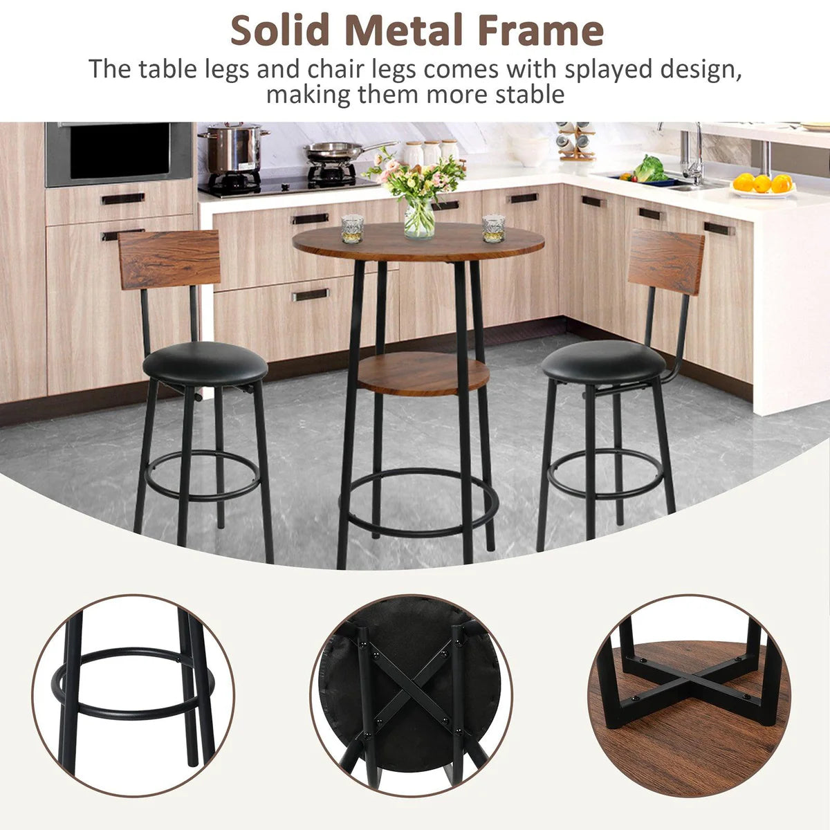 Round Bar Table and Chairs Set, 2-Tier Table and PU Upholstered Stools with Backrest