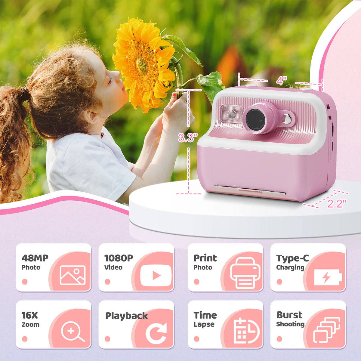 Instant Print Camera for Kids, Dual-Lens 48MP Digital Camera 2.4 Inch Screen with 3 Rolls Paper, Pink