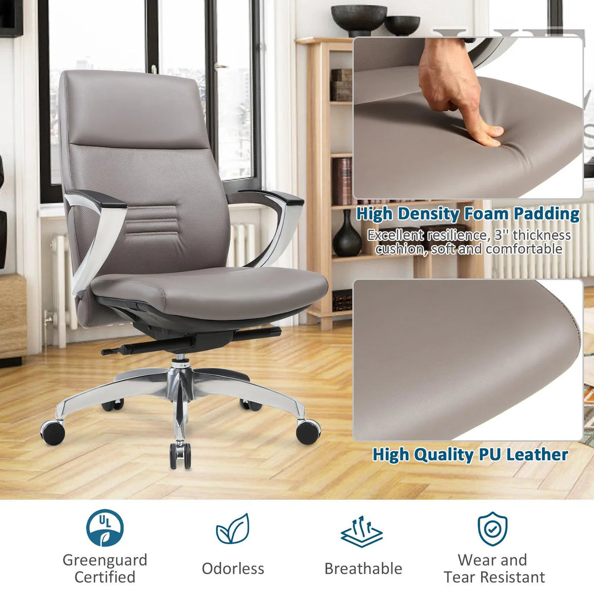 Executive Office Chair, Ergonomic Leather Office Chair Gray Office Chair with Adjustable Height and Tilt Function, 360° Swivel, Computer Office Chair