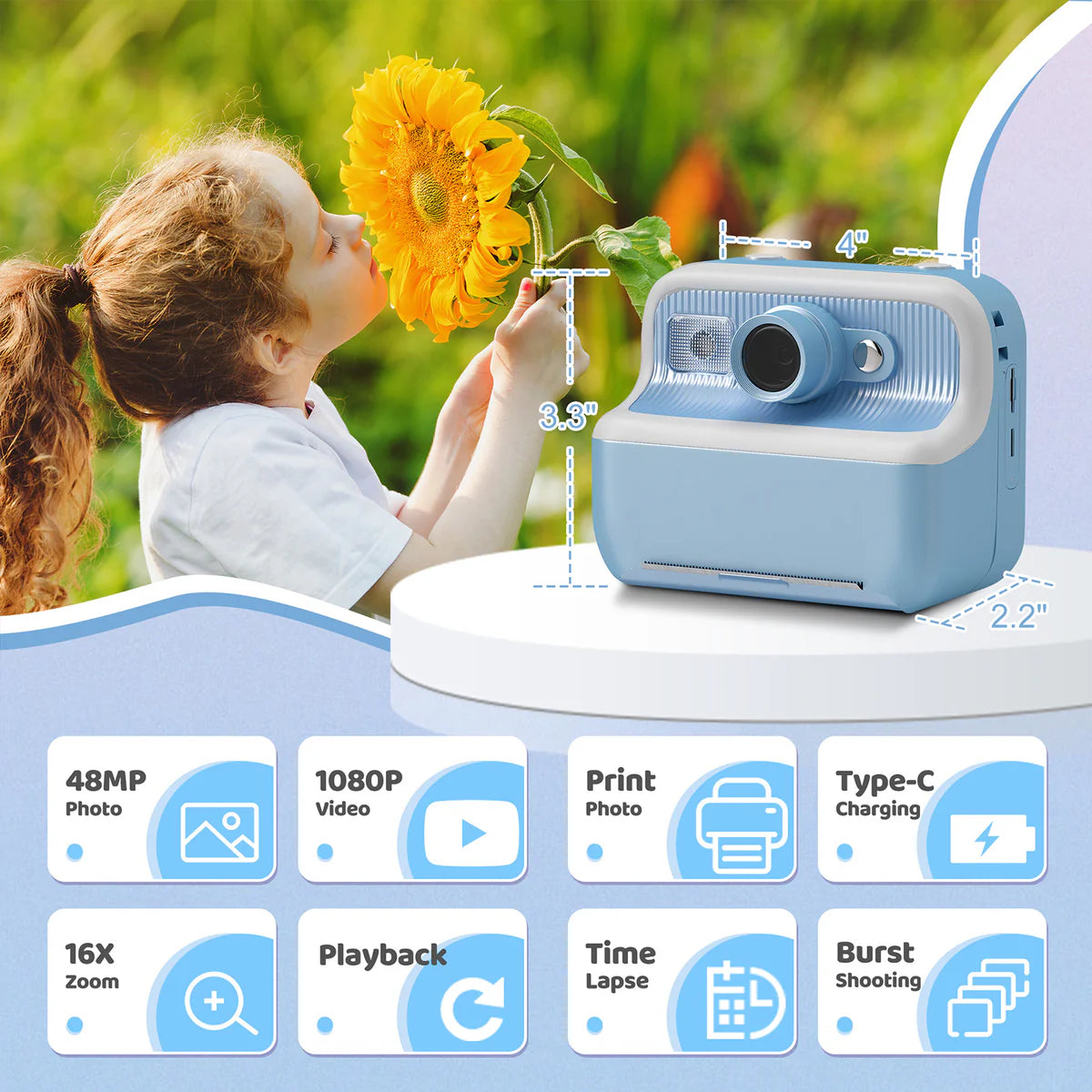 Instant Print Camera for Kids, Dual-Lens 48MP Digital Camera 2.4 Inch Screen with 3 Rolls Paper, Blue