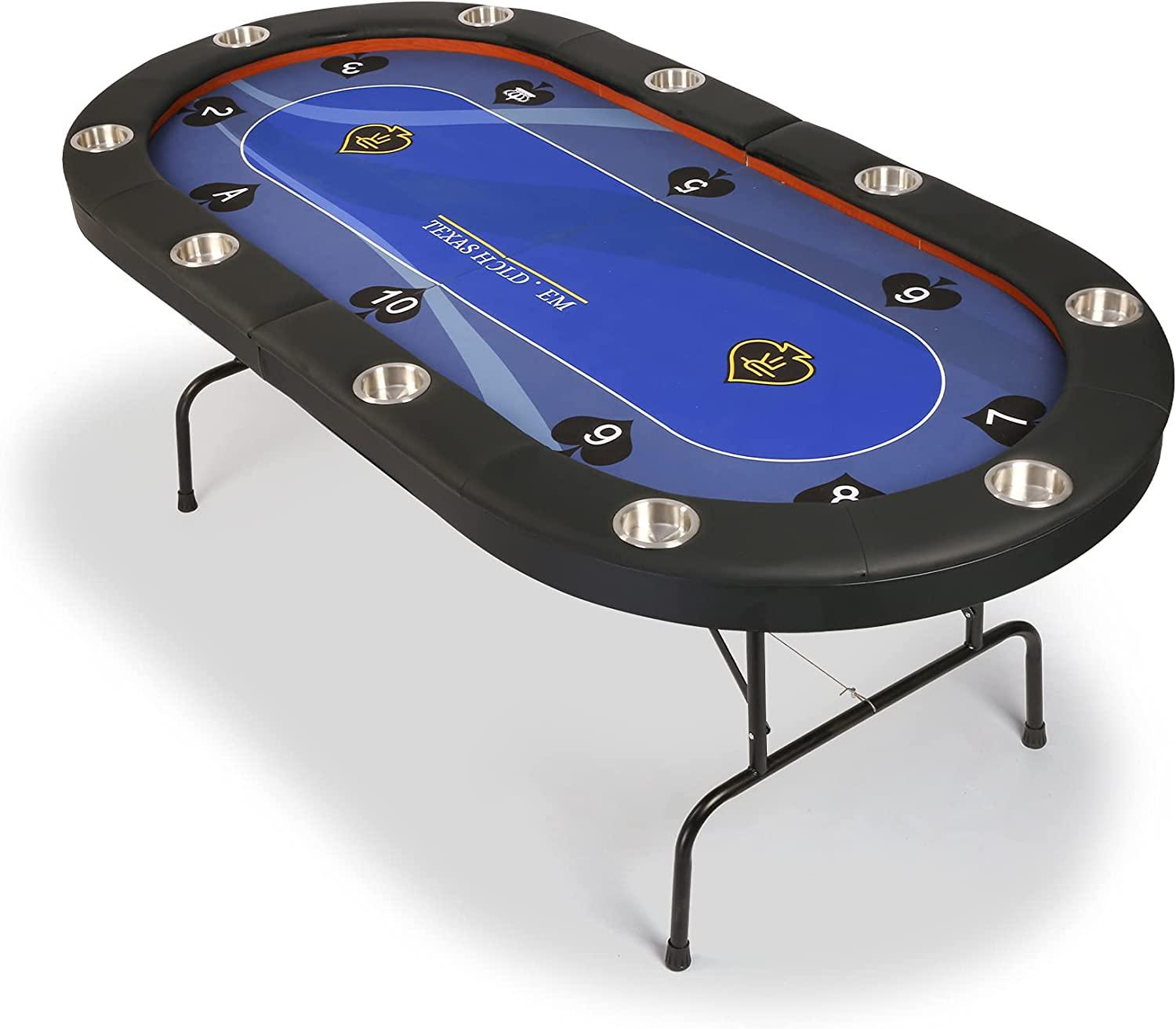 10 Player Folding Poker Table 84" Casino Texas Holdem Blue Felt Surface Game Table with Stainless Steel Cup Holder