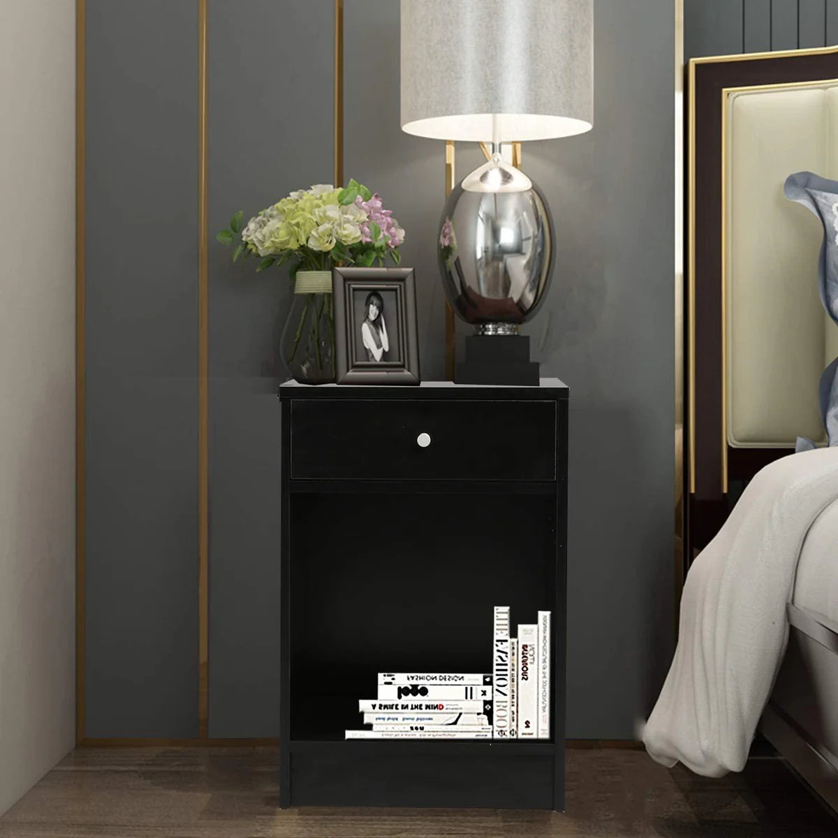 Modern Nightstand Bedside Table with Drawer and Cabinet Organizer for Storage Bedroom Living Room (Black)