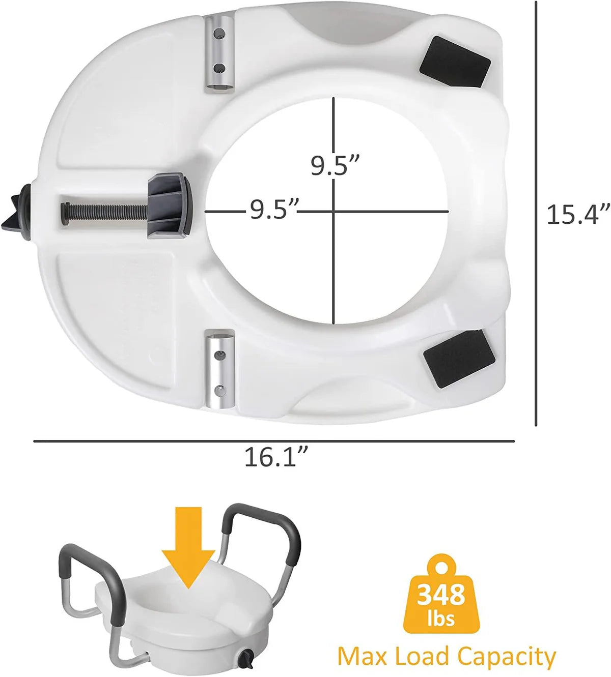 Raised Toilet Seat with Removable or Adjustable Handles, Plastic Raised Toilet Seat with Lock and Padded Armrests, White