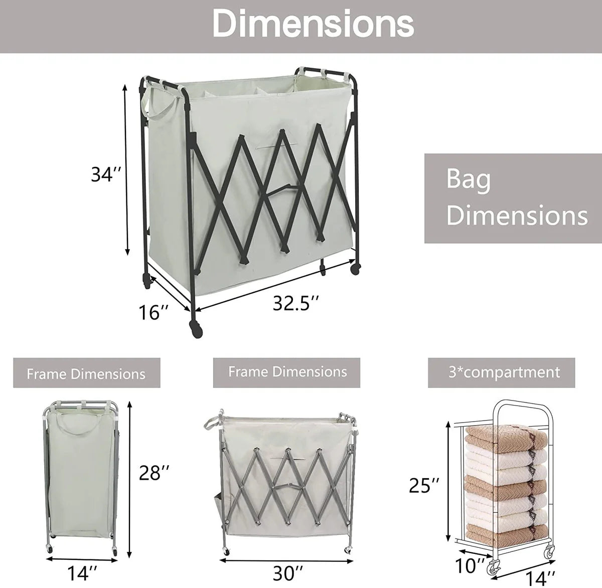 Folding 3 Sections Rolling Laundry Basket Laundry Cart Sorter Hamper w/ Lockable Wheels & Removable Bags, Grey