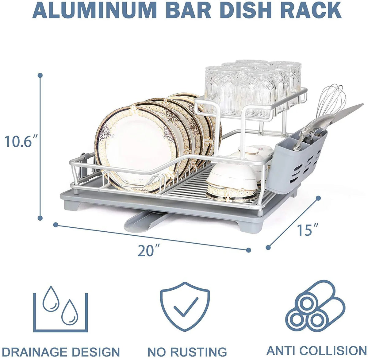 Dish Drying Rack with 360° Swivel Drain Board and Drain Spout, Grey (21" x 15" x 10.6")