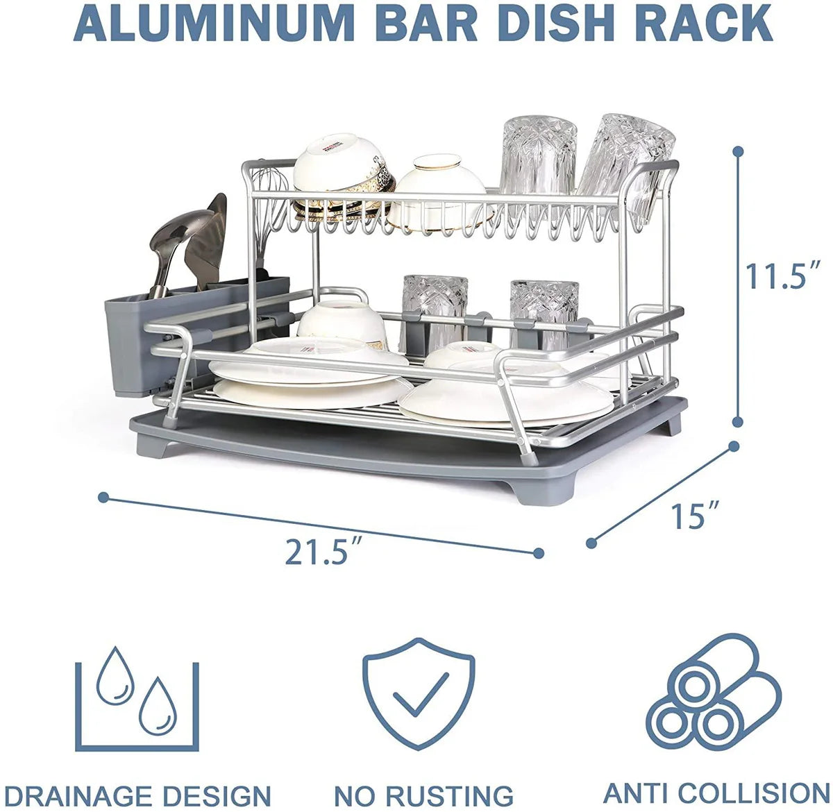 Dish Drying Rack with 360° Swivel Drain Board and Drain Spout, Grey