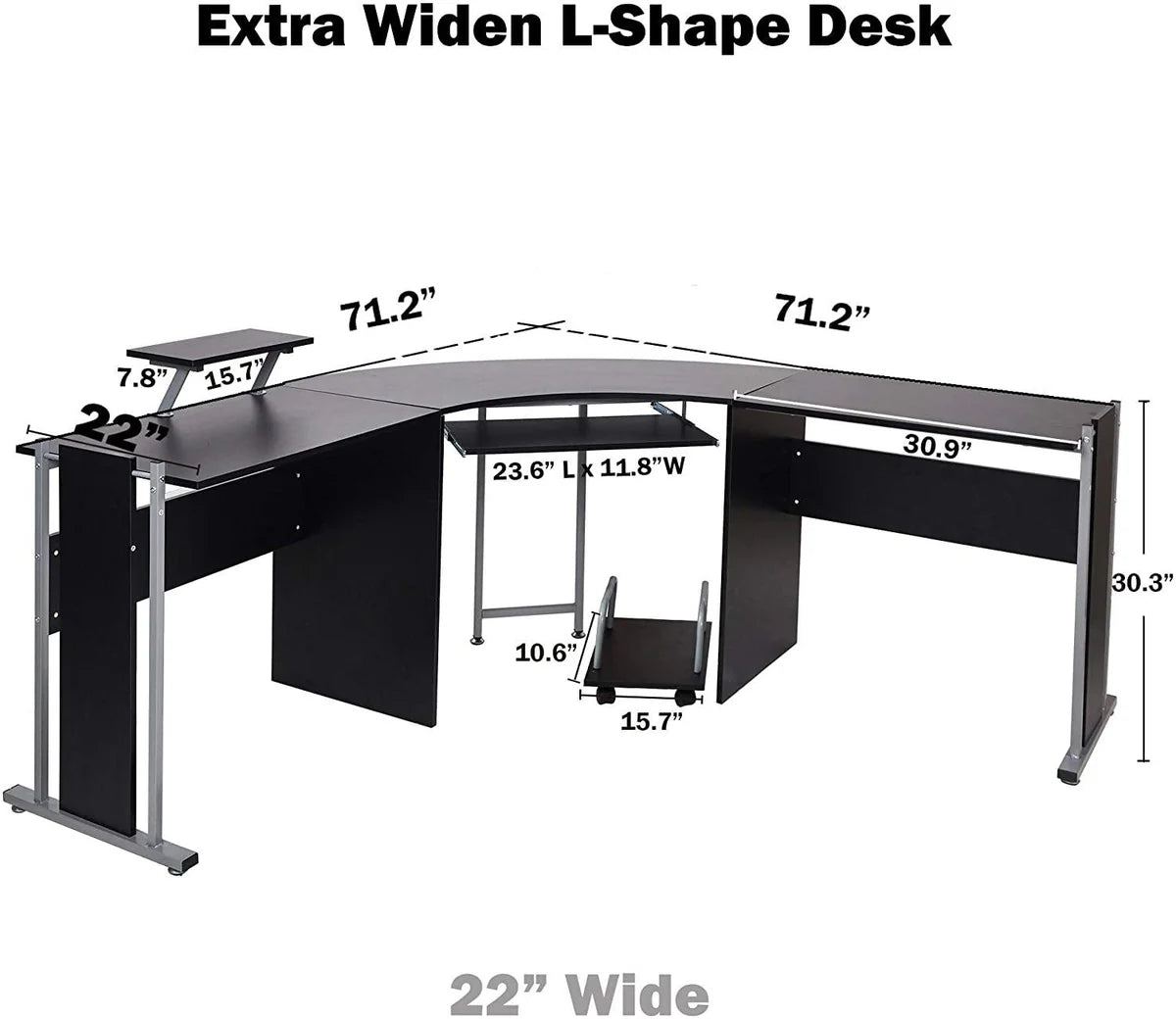 L-Shaped Computer Desk Modern Corner Table Wood Laptop Gaming Desk 71.2 x 22 x 30.3in