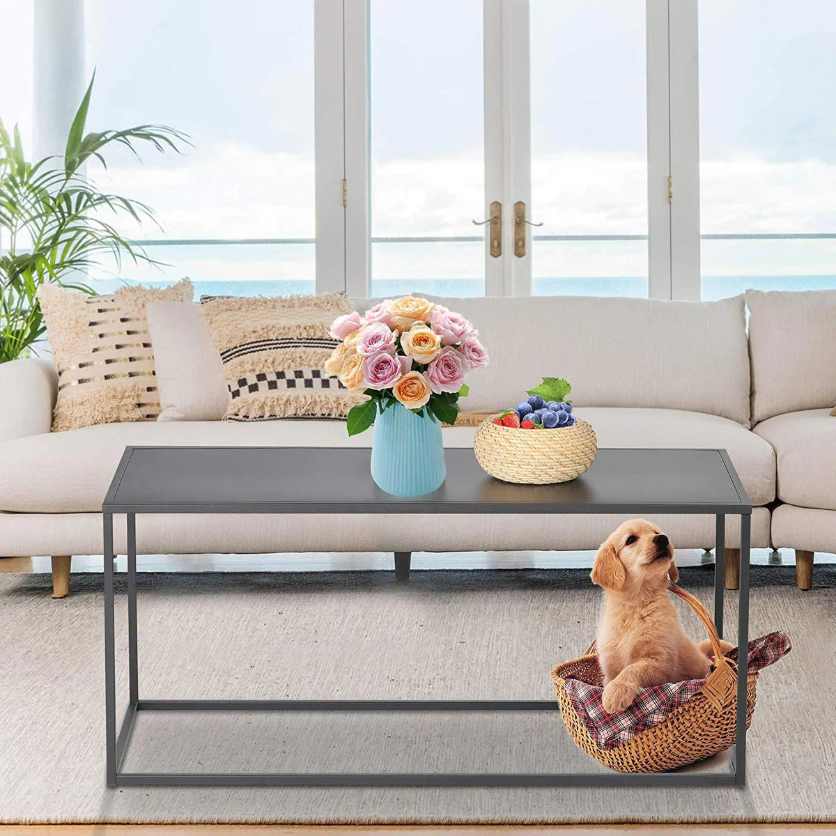 Simple Coffee Table with Anti-Scratch Design Premium Rust Resistant Industrial Cocktail Table for Living Room Black