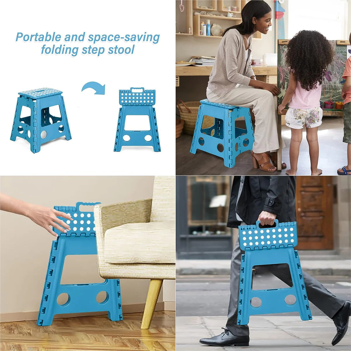 2 Pack Folding Step Stool with Portable Carrying Handle Safe Enough, 300 lbs capacity, Blue