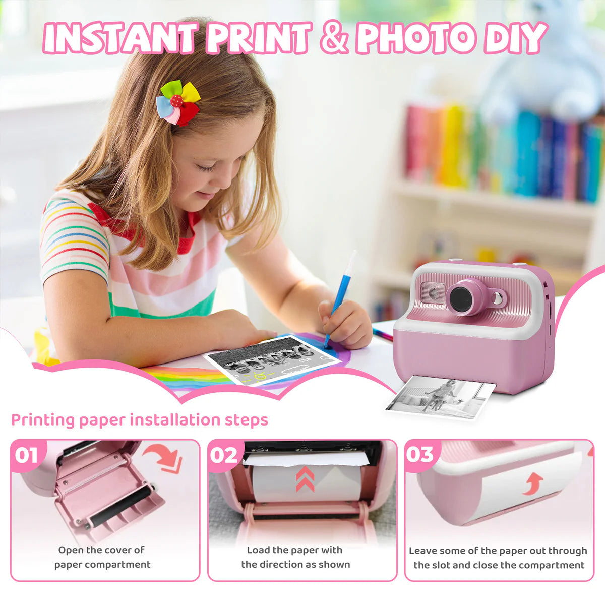 Instant Print Camera for Kids, Dual-Lens 48MP Digital Camera 2.4 Inch Screen with 3 Rolls Paper, Pink